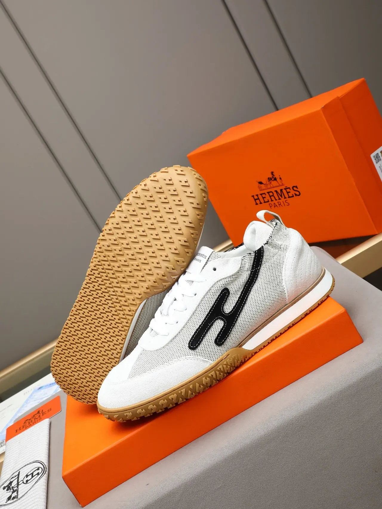 Hermès White Black Mesh And Suede Upper Stylized 'H' Logo Sneakers 4