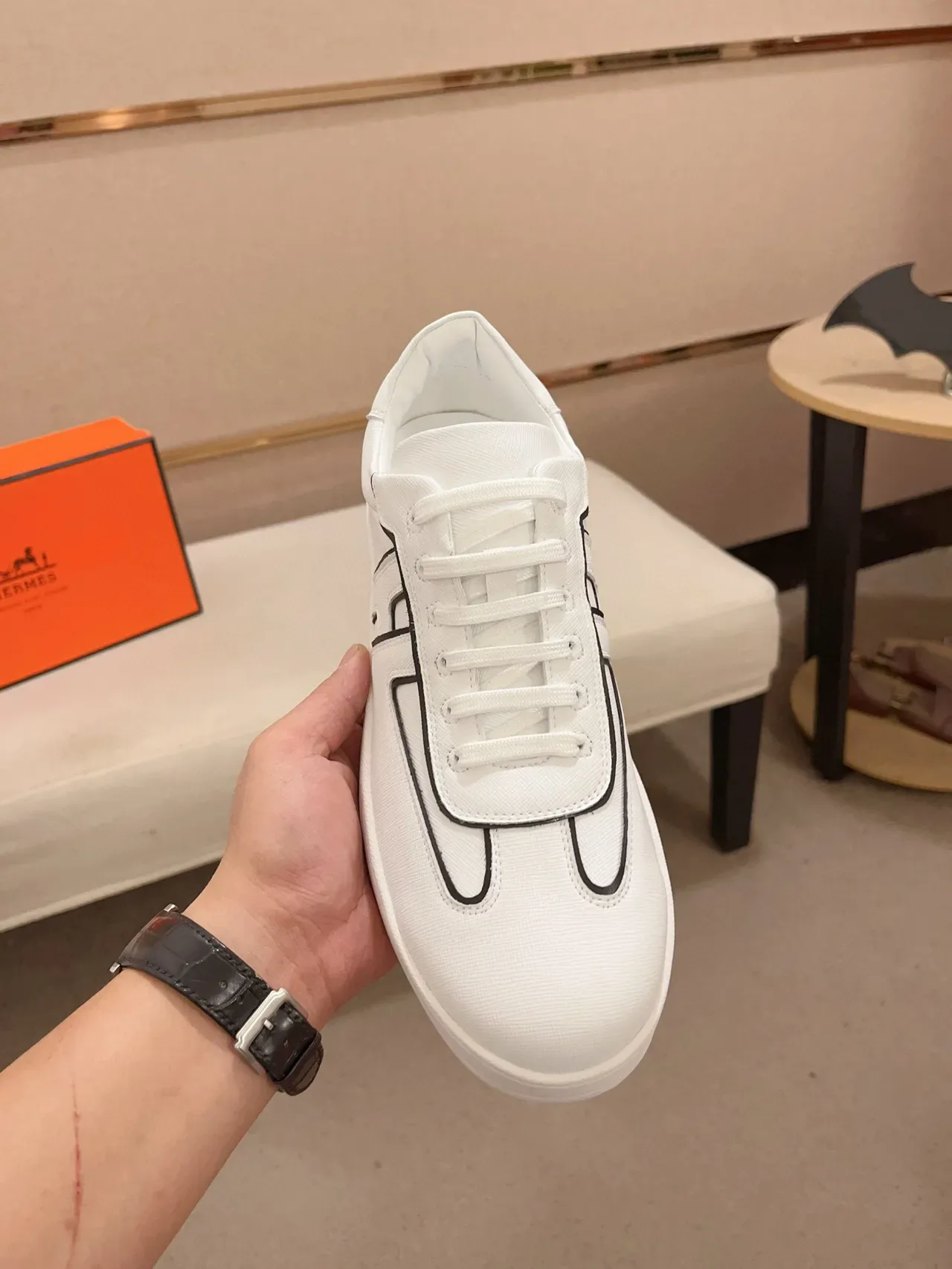 Hermès White Black Textile Upper Outlined H Logo Lifestyle Sneakers 6