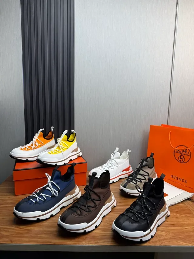 Hermès White Gray Chunky Sole Mixed Leather-Mesh Upper Sneakers 2