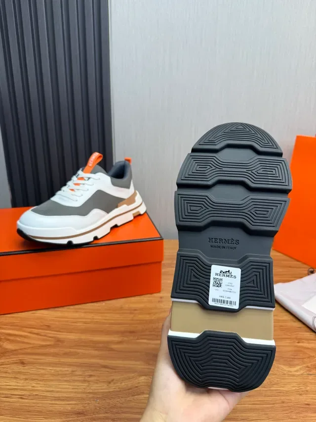 Hermès White Gray Chunky Sole Mixed Leather-Mesh Upper Sneakers 3
