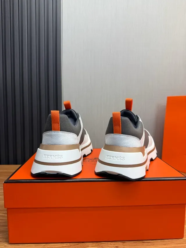 Hermès White Gray Chunky Sole Mixed Leather-Mesh Upper Sneakers 4
