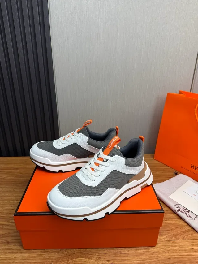 Hermès White Gray Chunky Sole Mixed Leather-Mesh Upper Sneakers 5