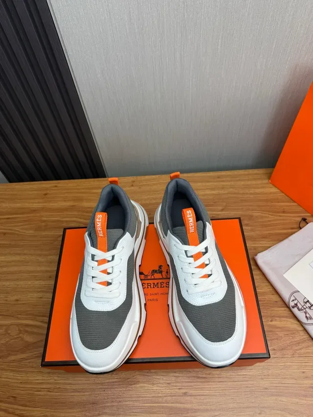 Hermès White Gray Chunky Sole Mixed Leather-Mesh Upper Sneakers 6