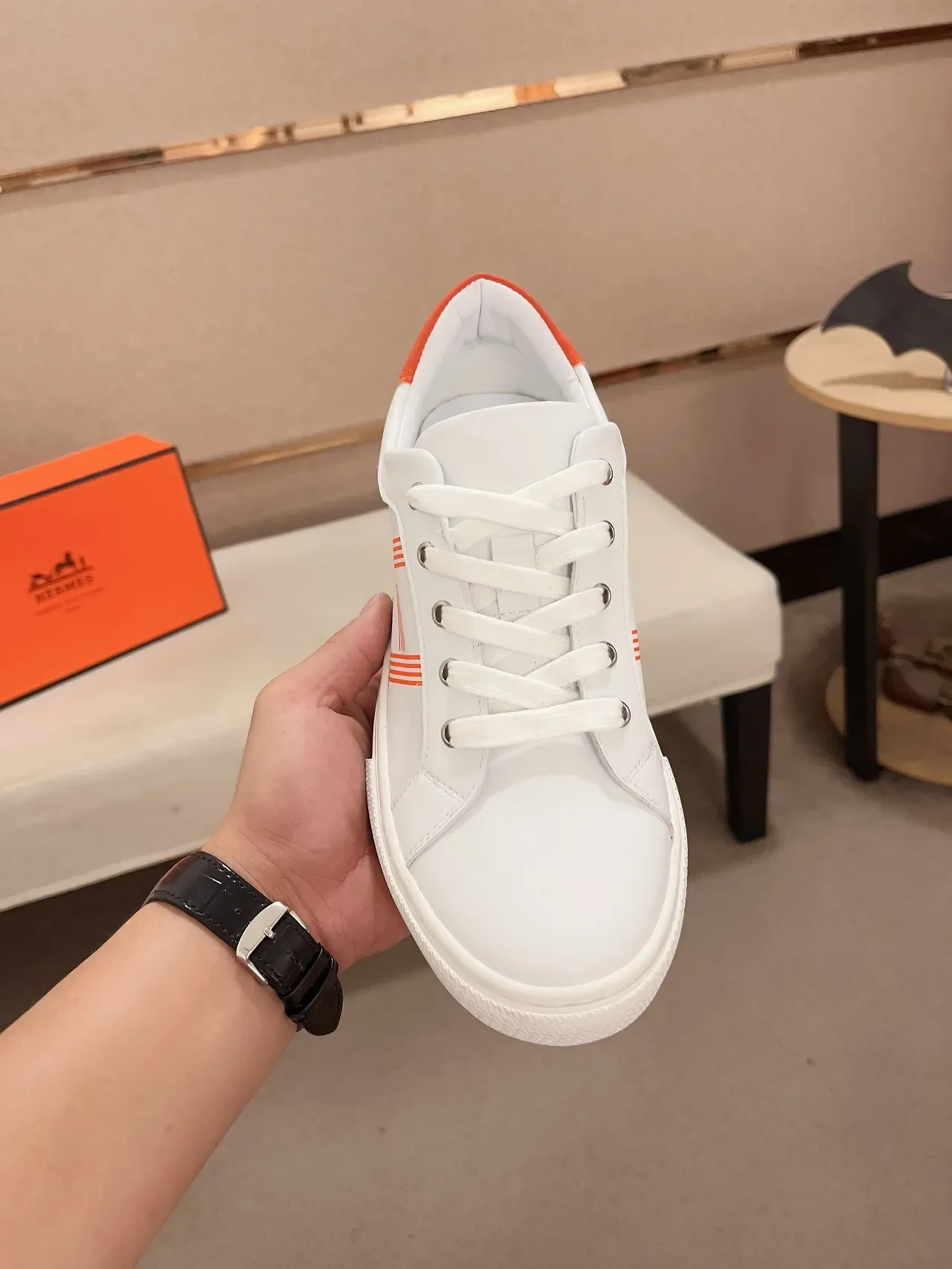 Hermès White Orange Leather Upper Low-Top Lifestyle Sneakers 5