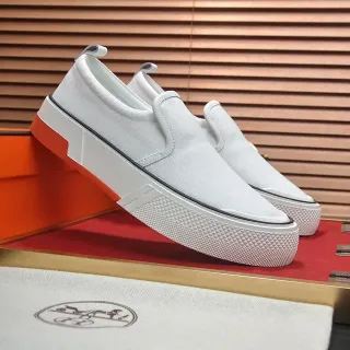 Hermès White Orange Slip-On Canvas Upper Lifestyle Sneakers