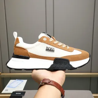 Hugo Boss Beige Brown Mesh And Suede Panel Construction Sculpted White Midsole Sneakers