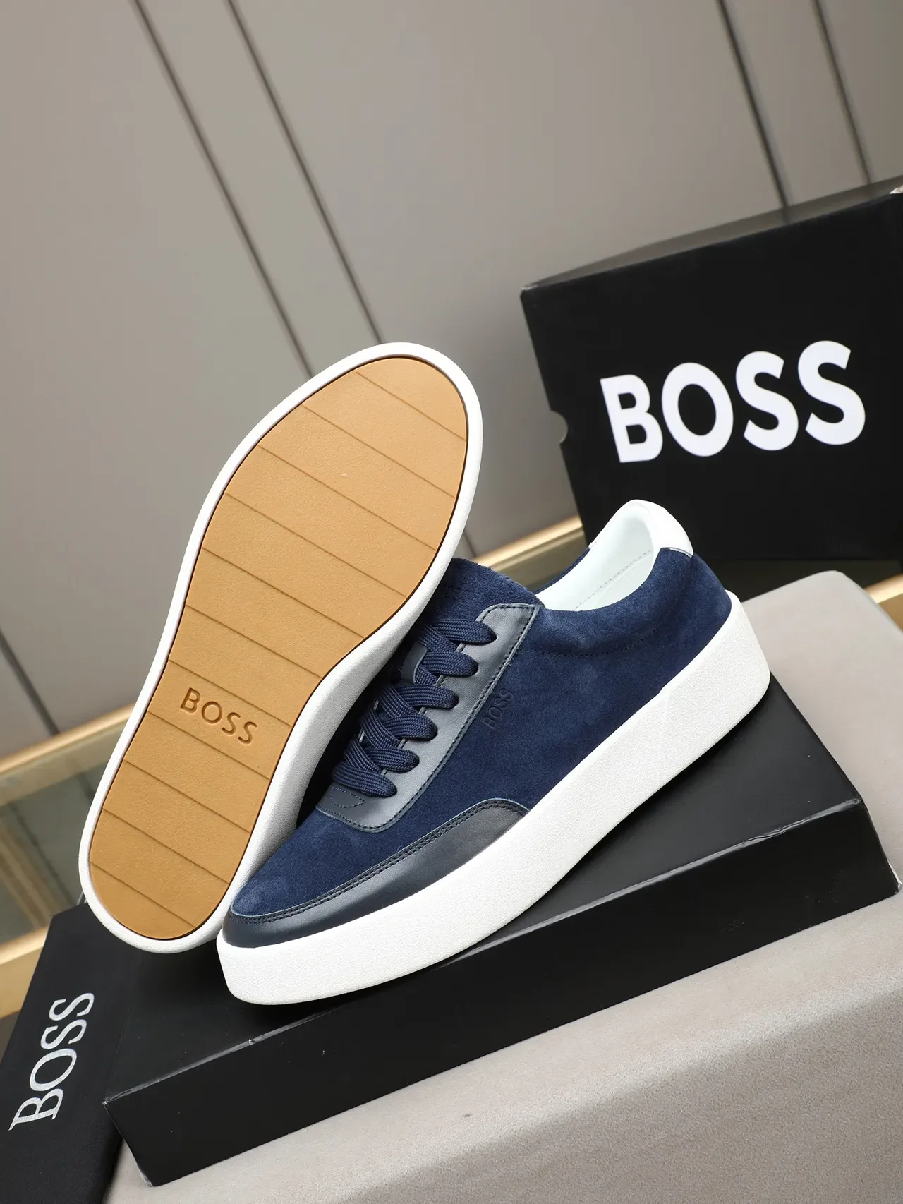 Hugo Boss Navy Suede and Black Leather Platform Lifestyle Sneakers 4