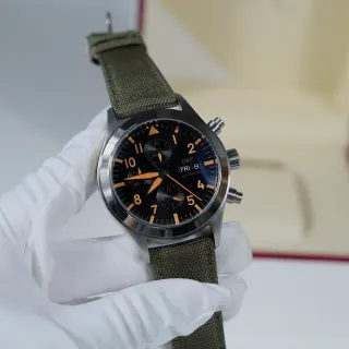 IWC Pilot’s Watch Chronograph Black Dial Orange Hands Olive Green Fabric Strap Mechanical Watch