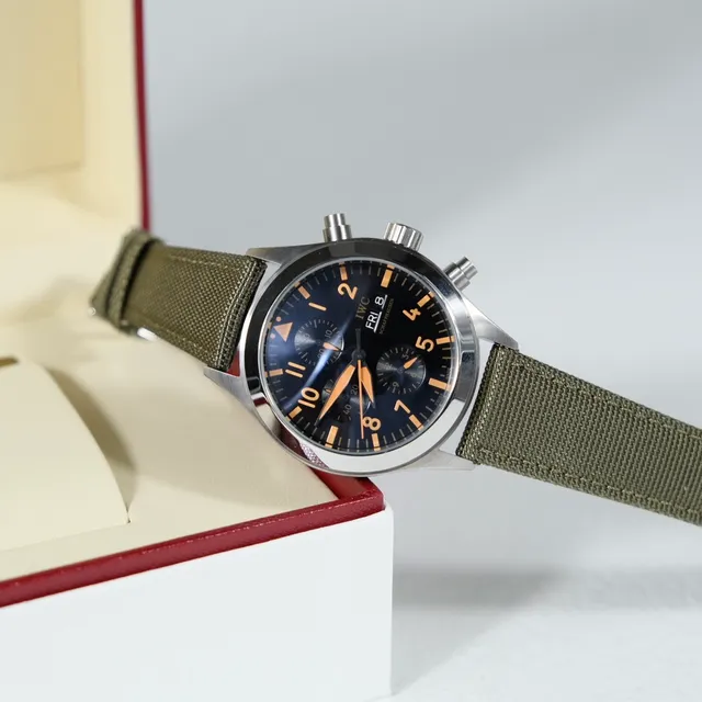 IWC Pilot’s Watch Chronograph Black Dial Orange Hands Olive Green Fabric Strap Mechanical Watch 2
