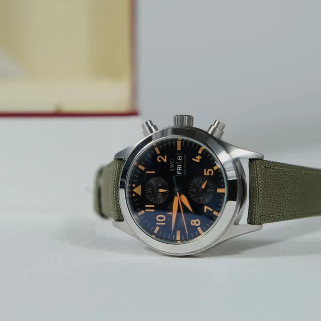 IWC Pilot’s Watch Chronograph Black Dial Orange Hands Olive Green Fabric Strap Mechanical Watch 5