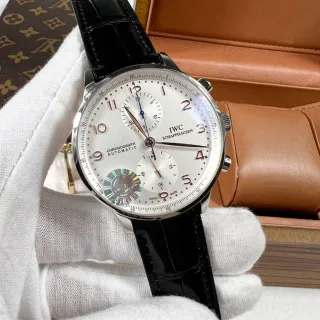 IWC Portugieser Chronograph Automatic Silver Dial Black Alligator Strap Mechanical Watch