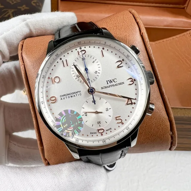 IWC Portugieser Chronograph Automatic Silver Dial Black Alligator Strap Mechanical Watch 3