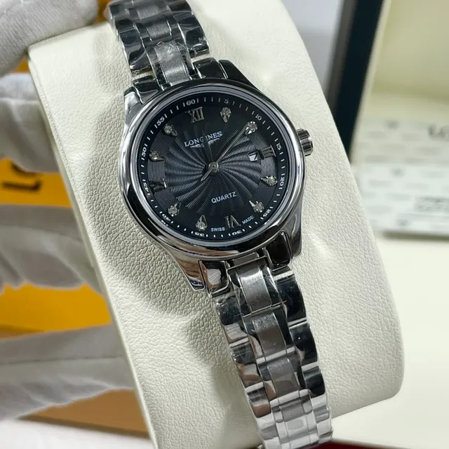 Longines Black Silver Guilloché Sunray Dial Diamond Hour Markers Quartz Watch 7