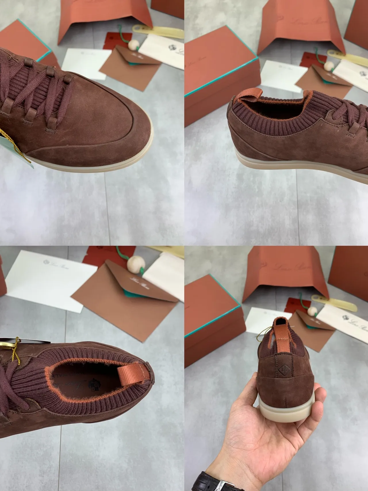 Loro Piana Marron Beige Daim Haut Col Tricoté Côtelé Chaussures Casual 2
