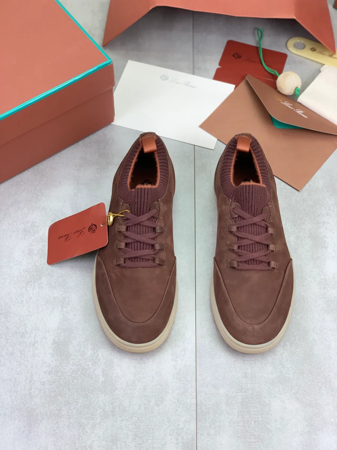 Loro Piana Marron Beige Daim Haut Col Tricoté Côtelé Chaussures Casual 4