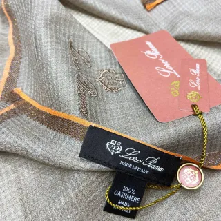 Loro Piana Brown Orange Fine Weave Embroidered Logo Cashmere Scarf