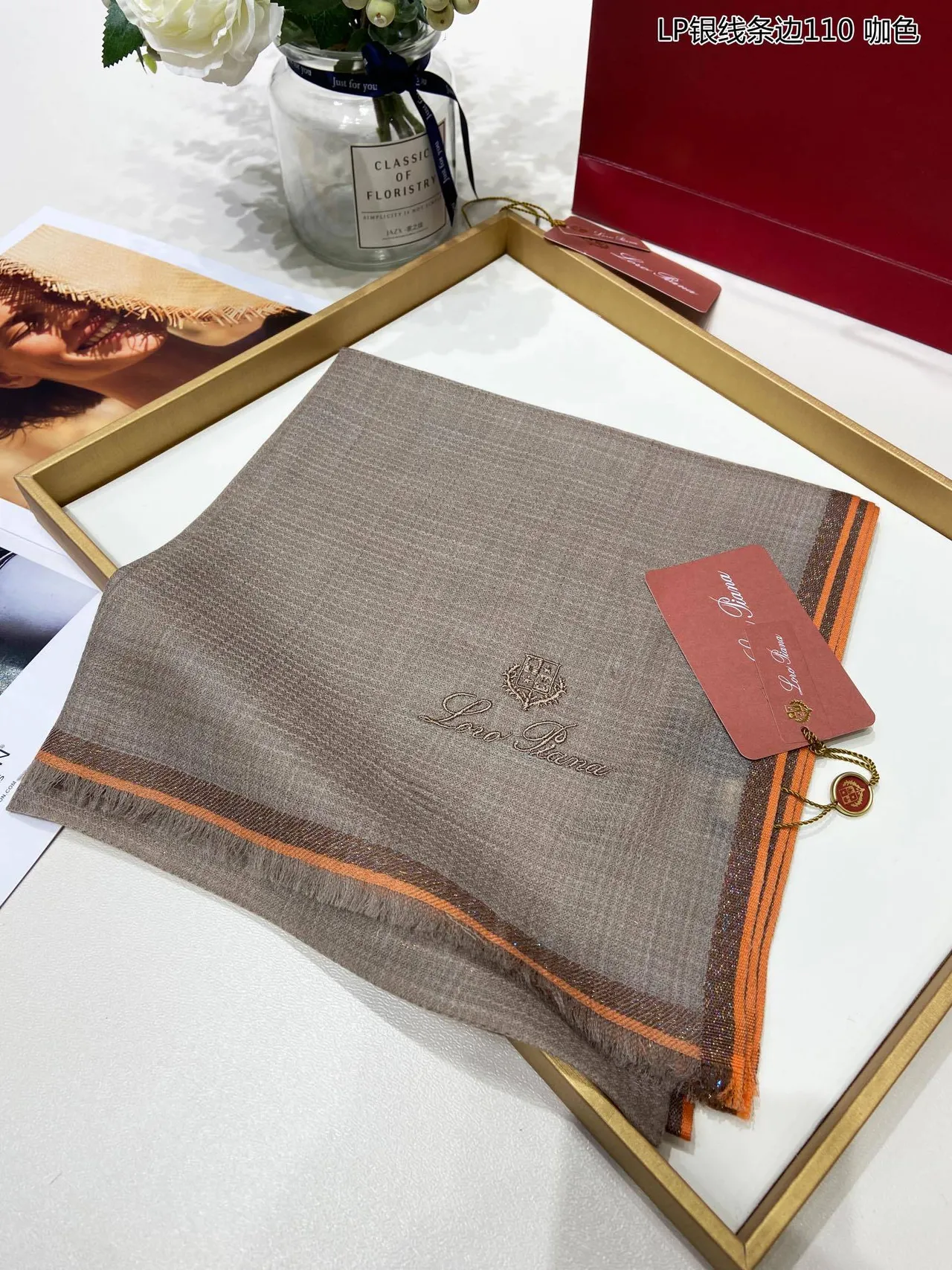 Loro Piana Brown Orange Fine Weave Embroidered Logo Cashmere Scarf 4
