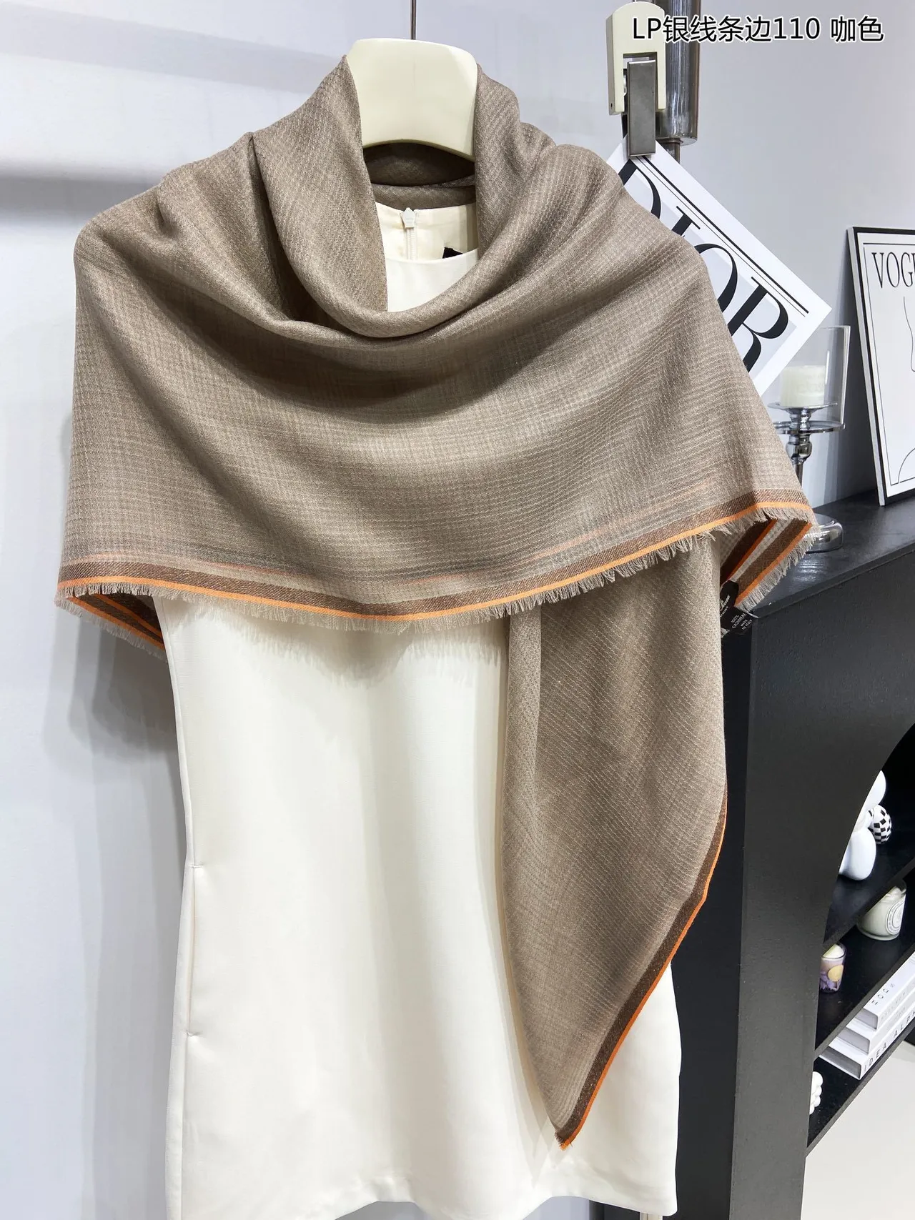 Loro Piana Brown Orange Fine Weave Embroidered Logo Cashmere Scarf 5