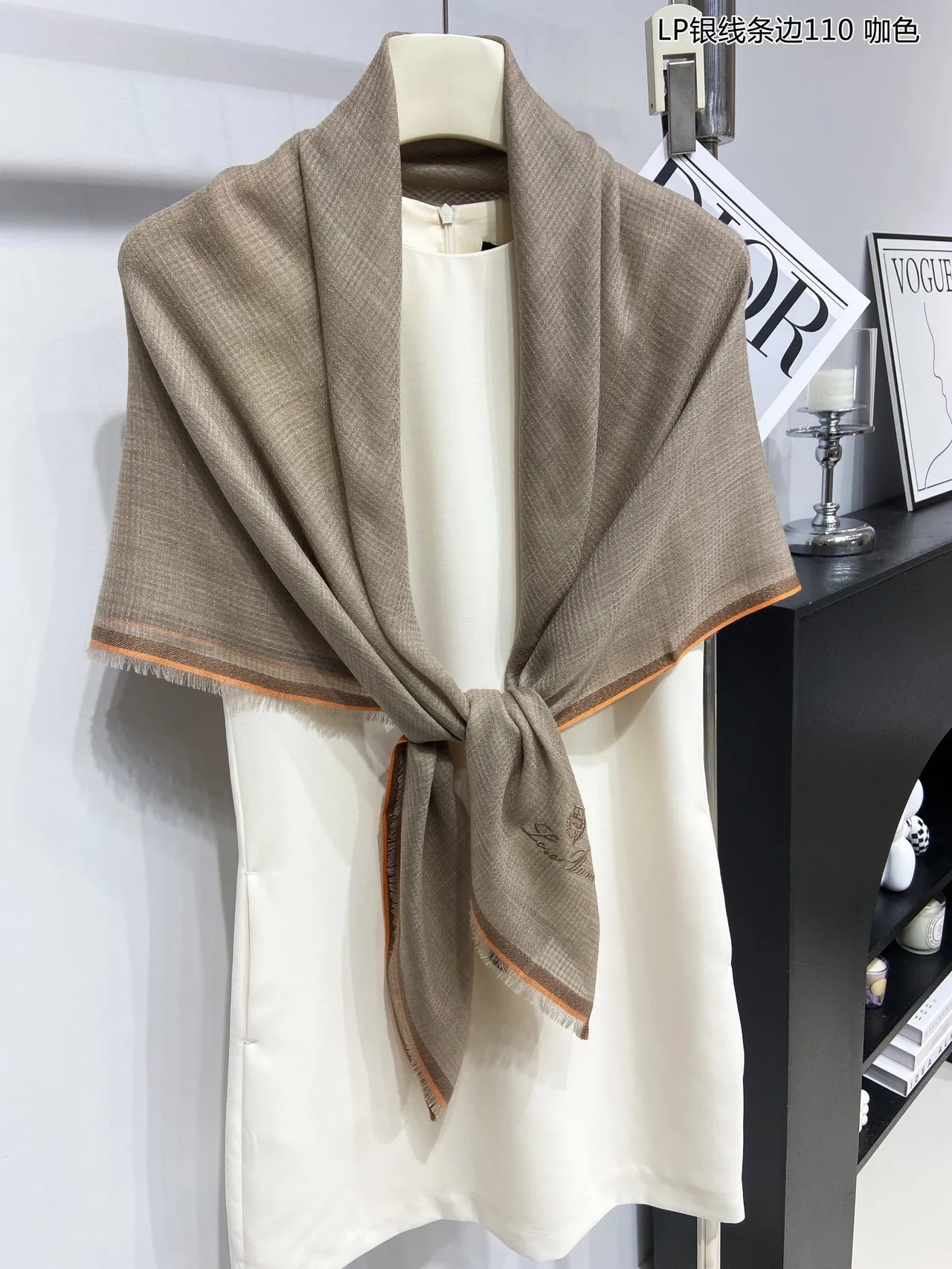 Loro Piana Brown Orange Fine Weave Embroidered Logo Cashmere Scarf 6