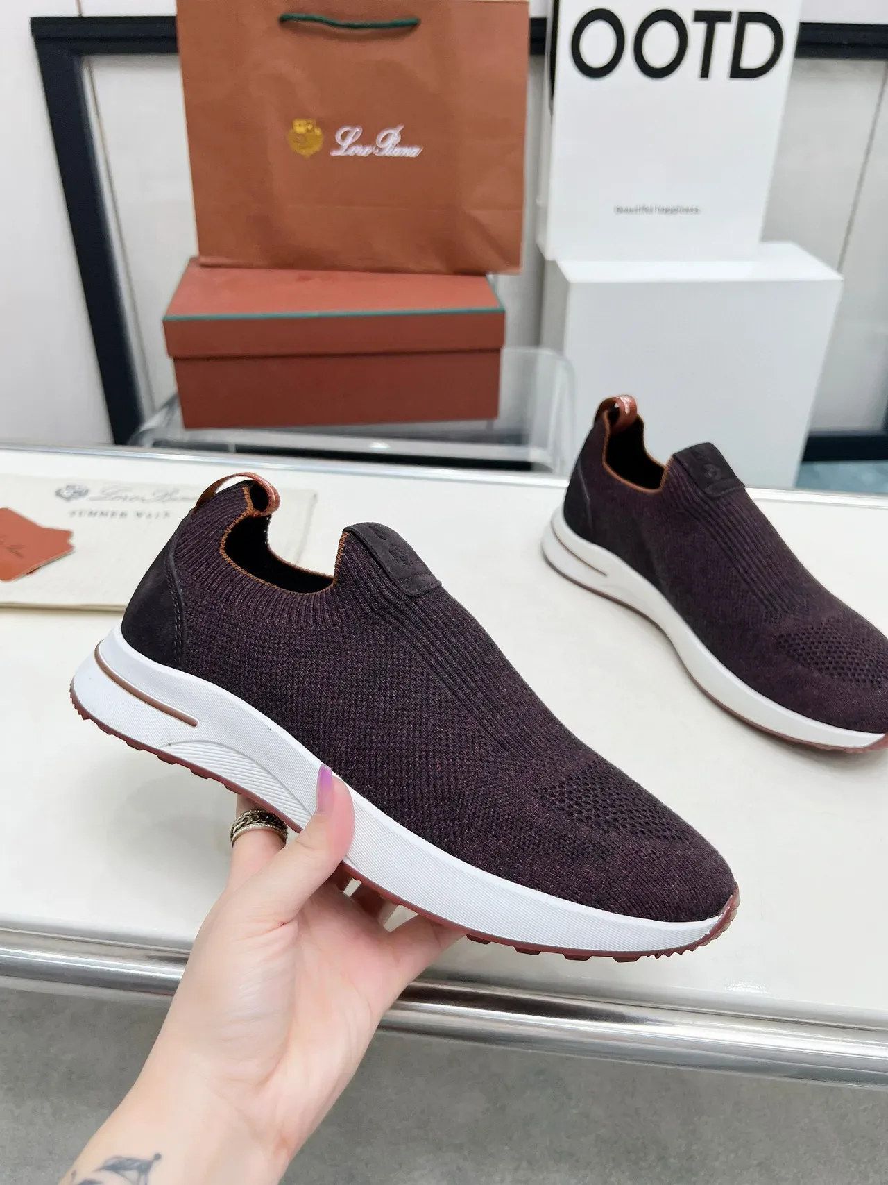Loro Piana tênis lifestyle de malha slip-on borgonha 2
