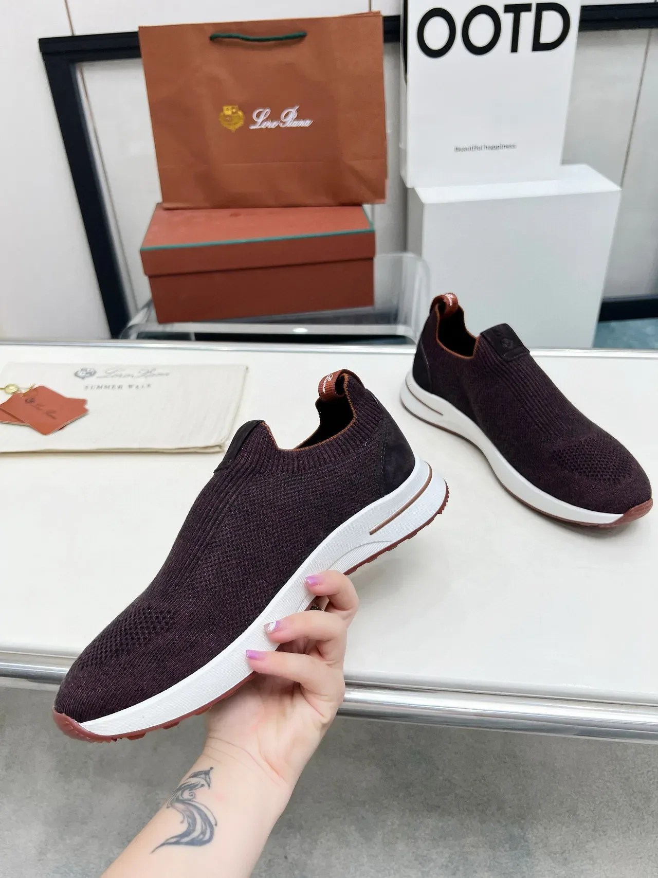 Loro Piana tênis lifestyle de malha slip-on borgonha 3