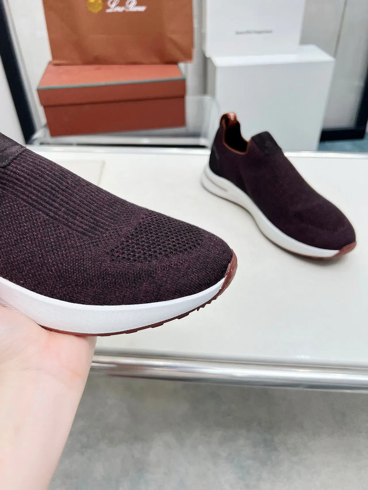 Loro Piana tênis lifestyle de malha slip-on borgonha 7