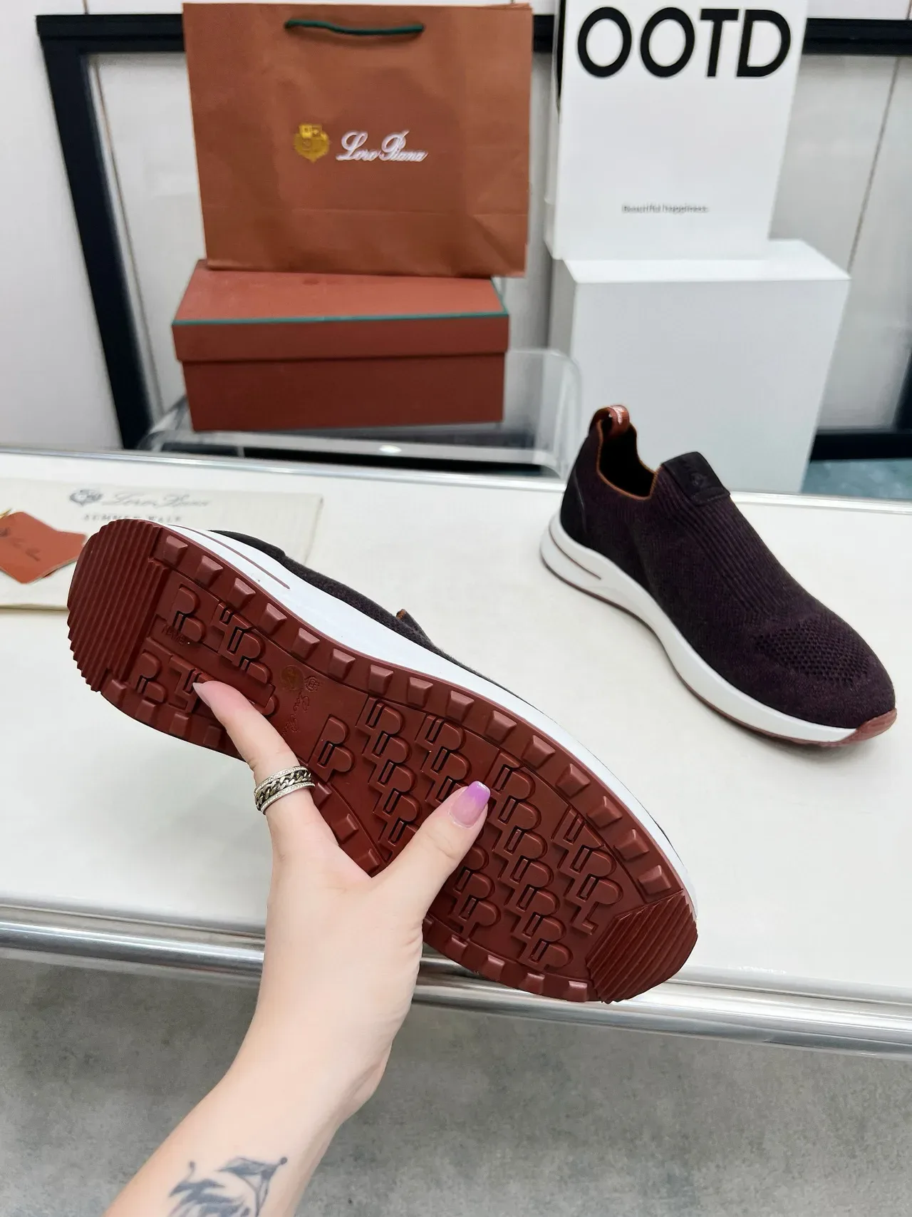 Loro Piana tênis lifestyle de malha slip-on borgonha 8