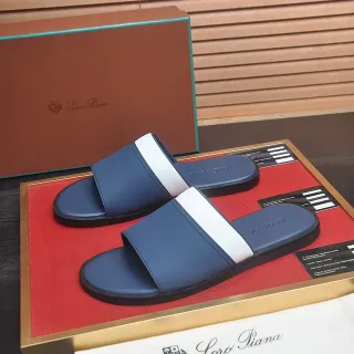 Loro Piana Navy and White Leather Slide Slippers