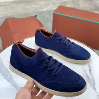 Loro Piana Navy Suede Knit-Collar Lace-Up Casual Shoes