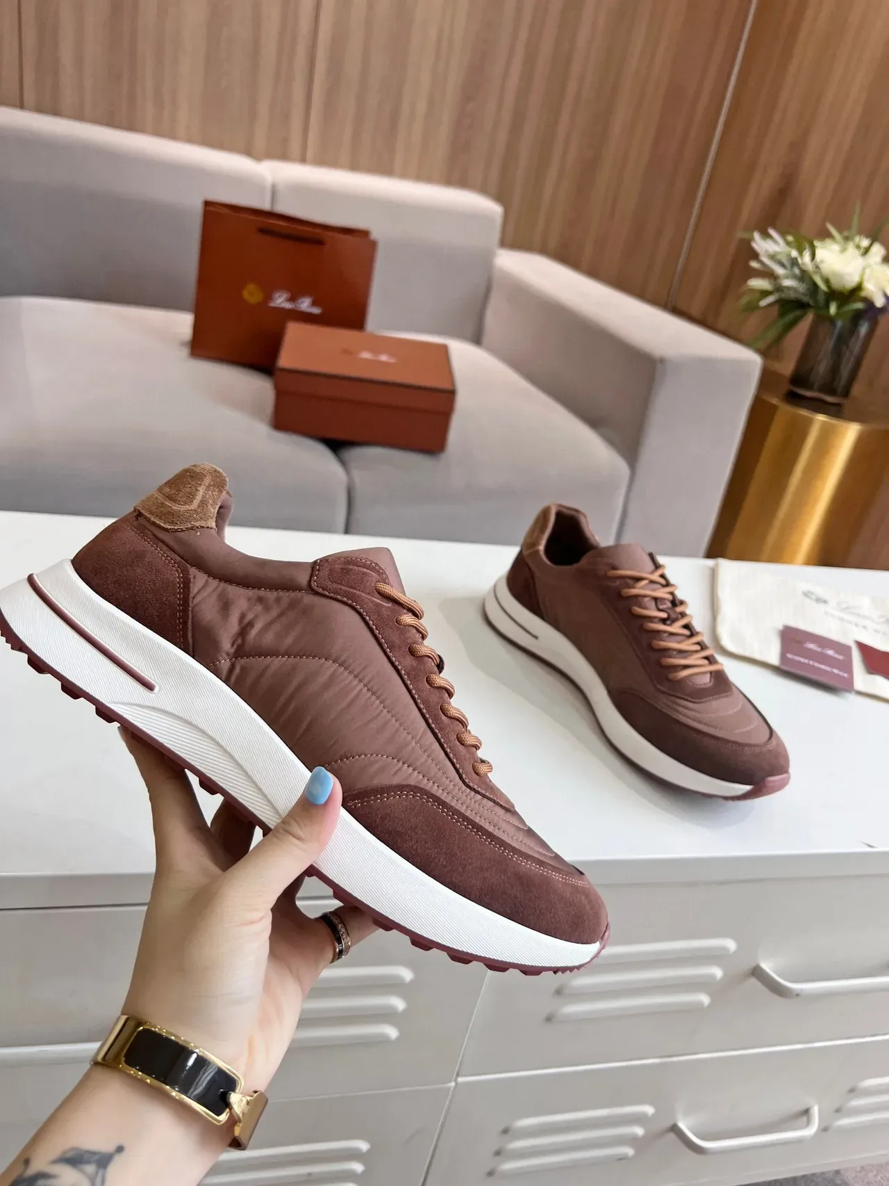 Loro Piana Summer Walk أحذية رياضية بني جلد نايلون نمط حياة 2