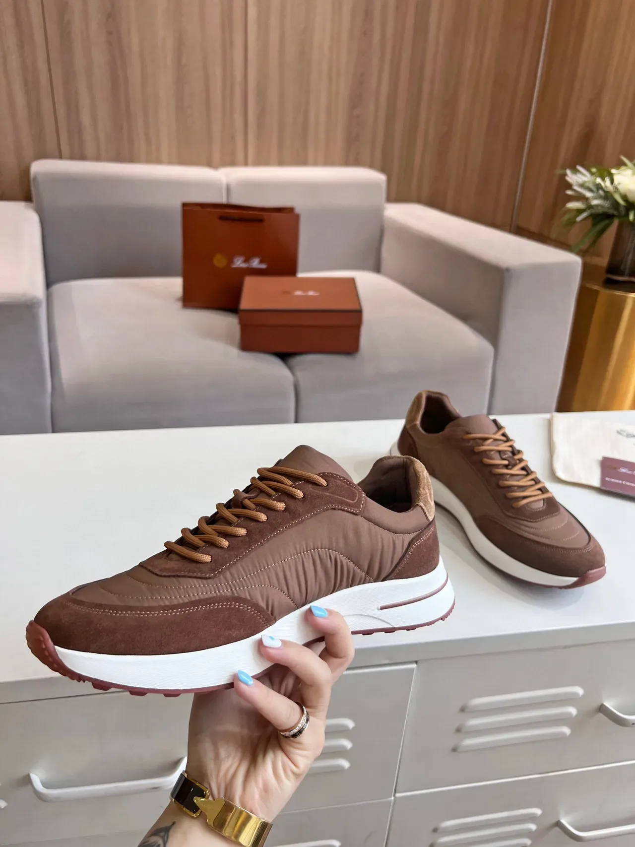 Loro Piana Summer Walk أحذية رياضية بني جلد نايلون نمط حياة 3