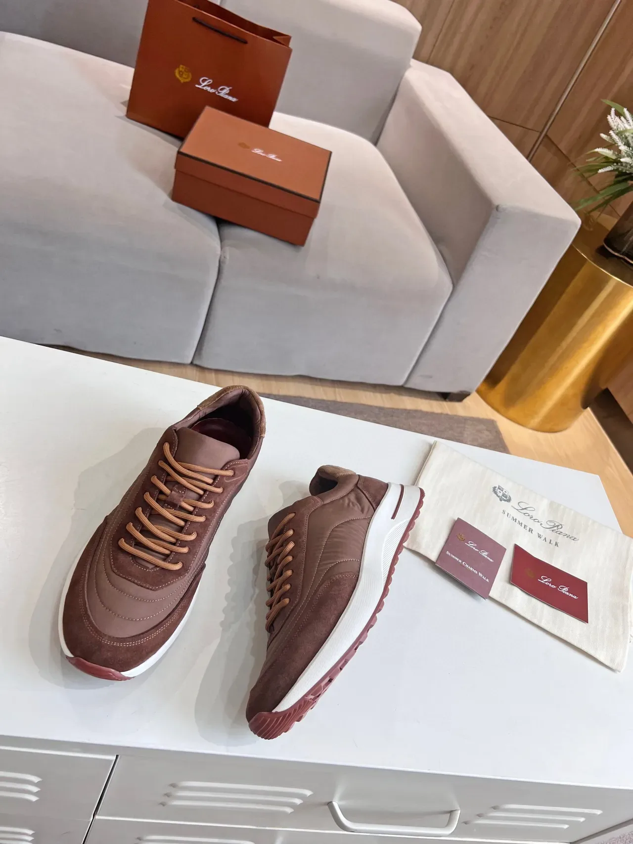 Loro Piana Summer Walk أحذية رياضية بني جلد نايلون نمط حياة 4