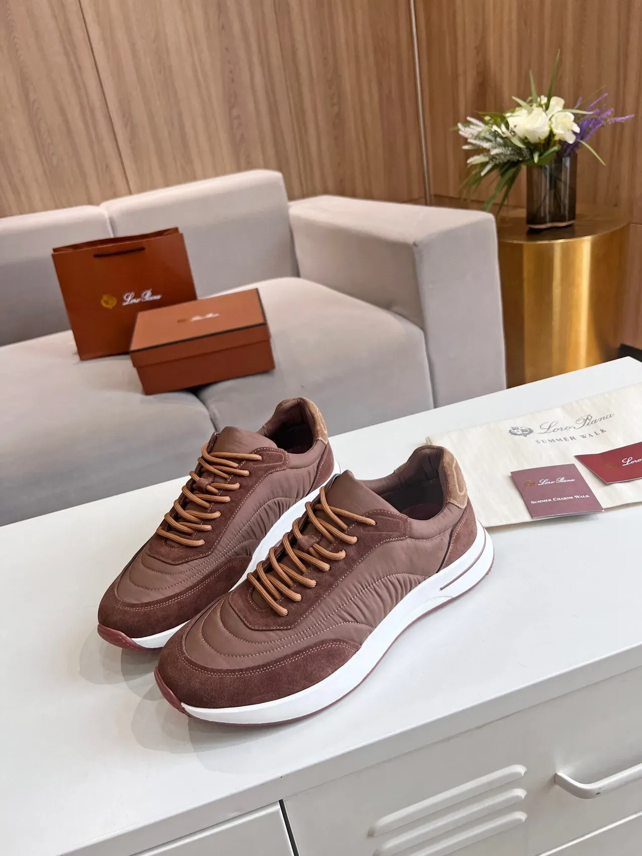 Loro Piana Summer Walk أحذية رياضية بني جلد نايلون نمط حياة 5