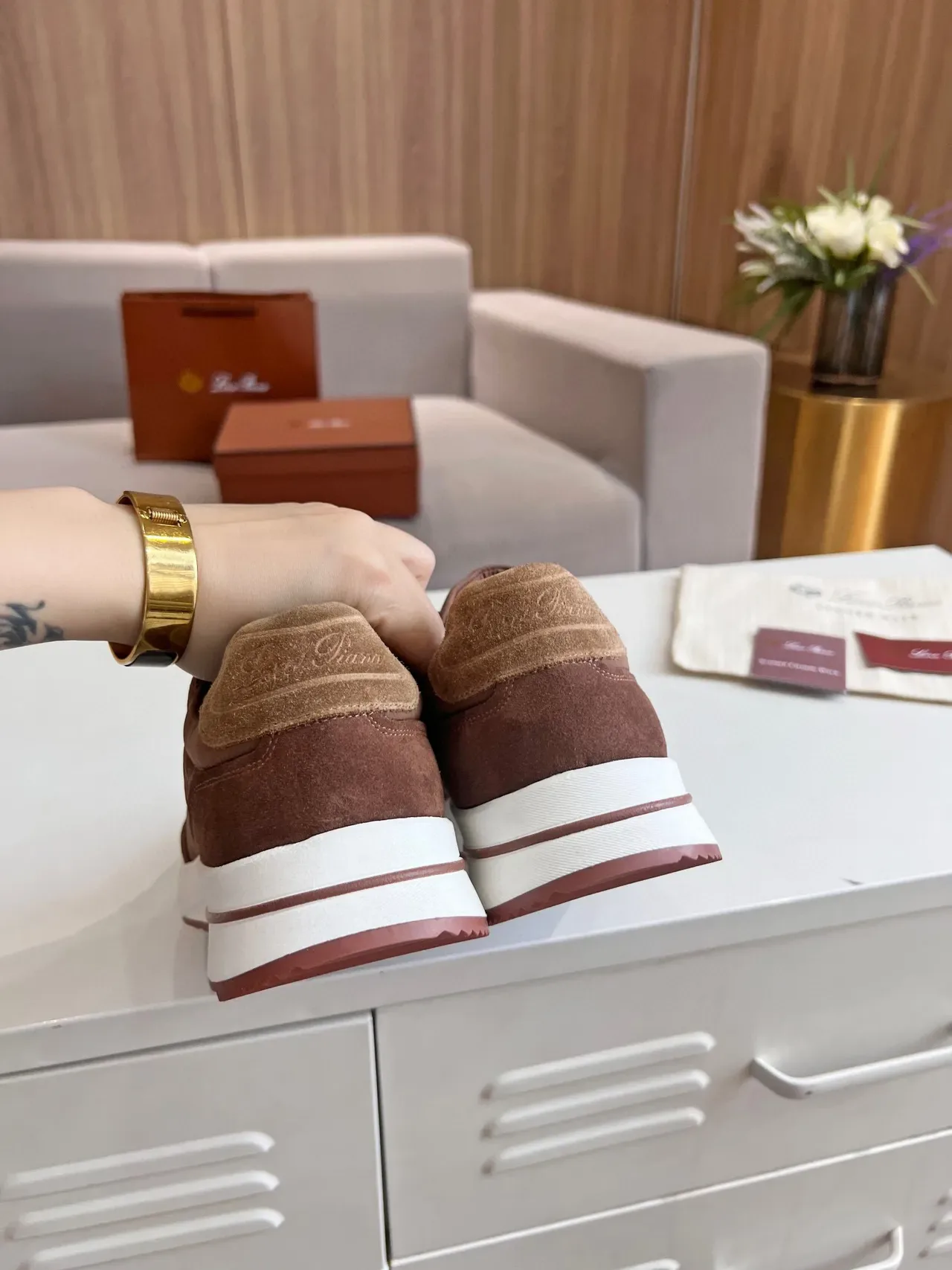 Loro Piana Summer Walk أحذية رياضية بني جلد نايلون نمط حياة 6
