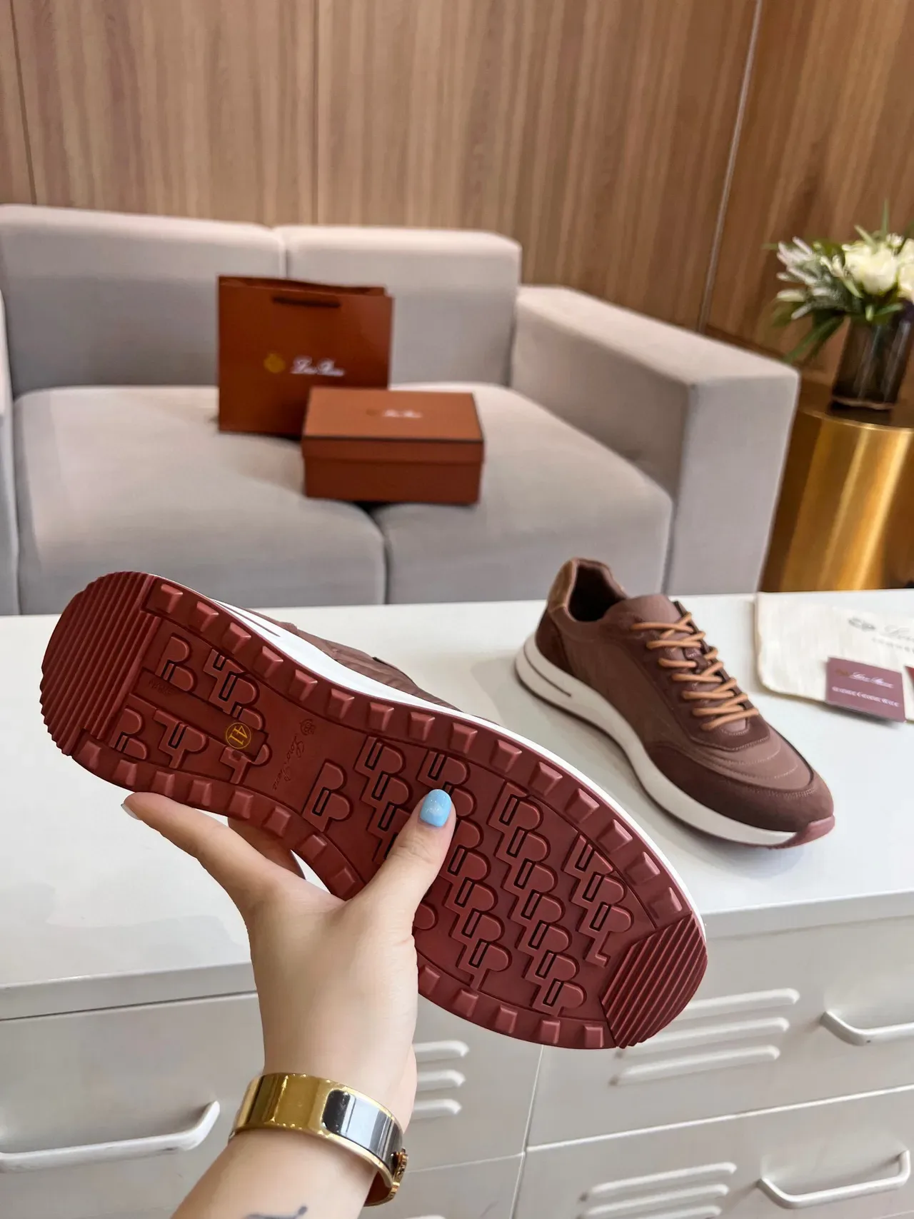 Loro Piana Summer Walk أحذية رياضية بني جلد نايلون نمط حياة 7