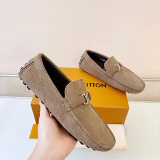 Louis Vuitton Beige Black Suede Upper LV Buckle Strap Loafer