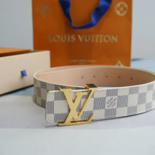 Louis Vuitton Beige Gray Damier Azur Checkered Canvas Gold-Tone LV Turnlock Buckle Leather Belt