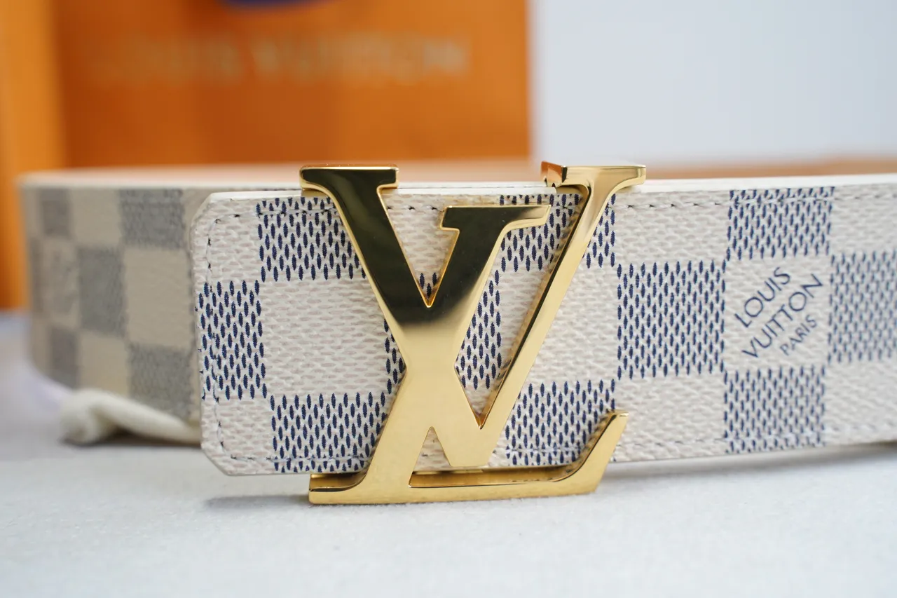 路易威登米灰Damier Azur格纹帆布金色LV Turnlock Buckle皮带 5