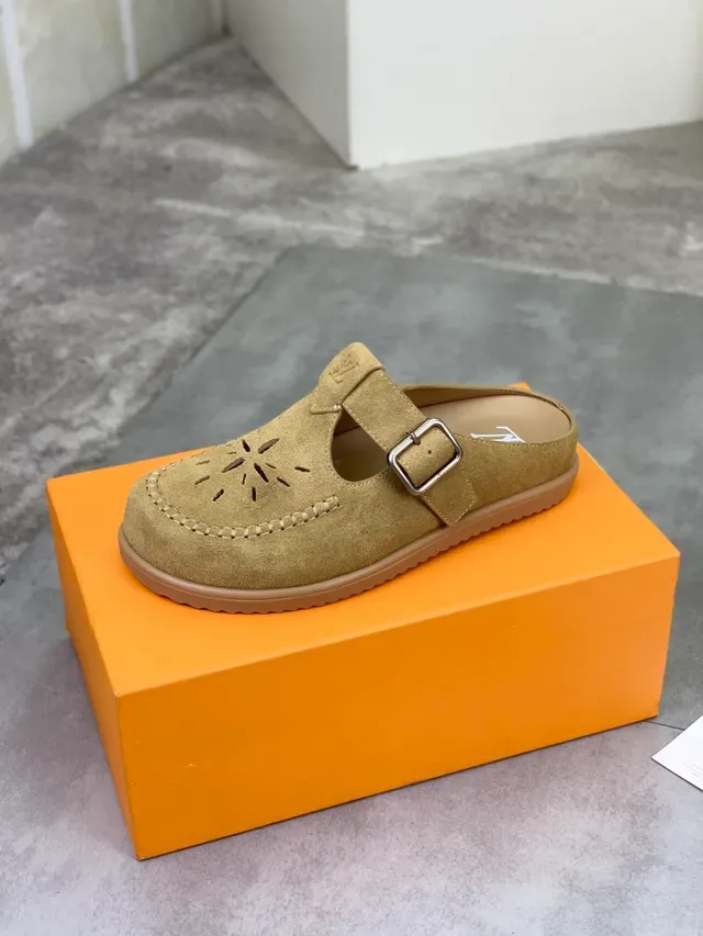 Louis Vuitton Beige Suede T-Strap Perforated Mule Casual Shoe 4