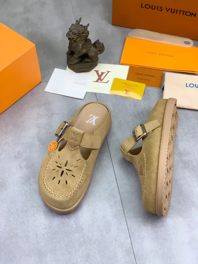 Louis Vuitton Beige Suede T-Strap Perforated Mule Casual Shoe 5