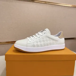 Louis Vuitton Beige White Perforated Diamond-Panel Leather Low-Top Lace-Up Lifestyle Sneakers