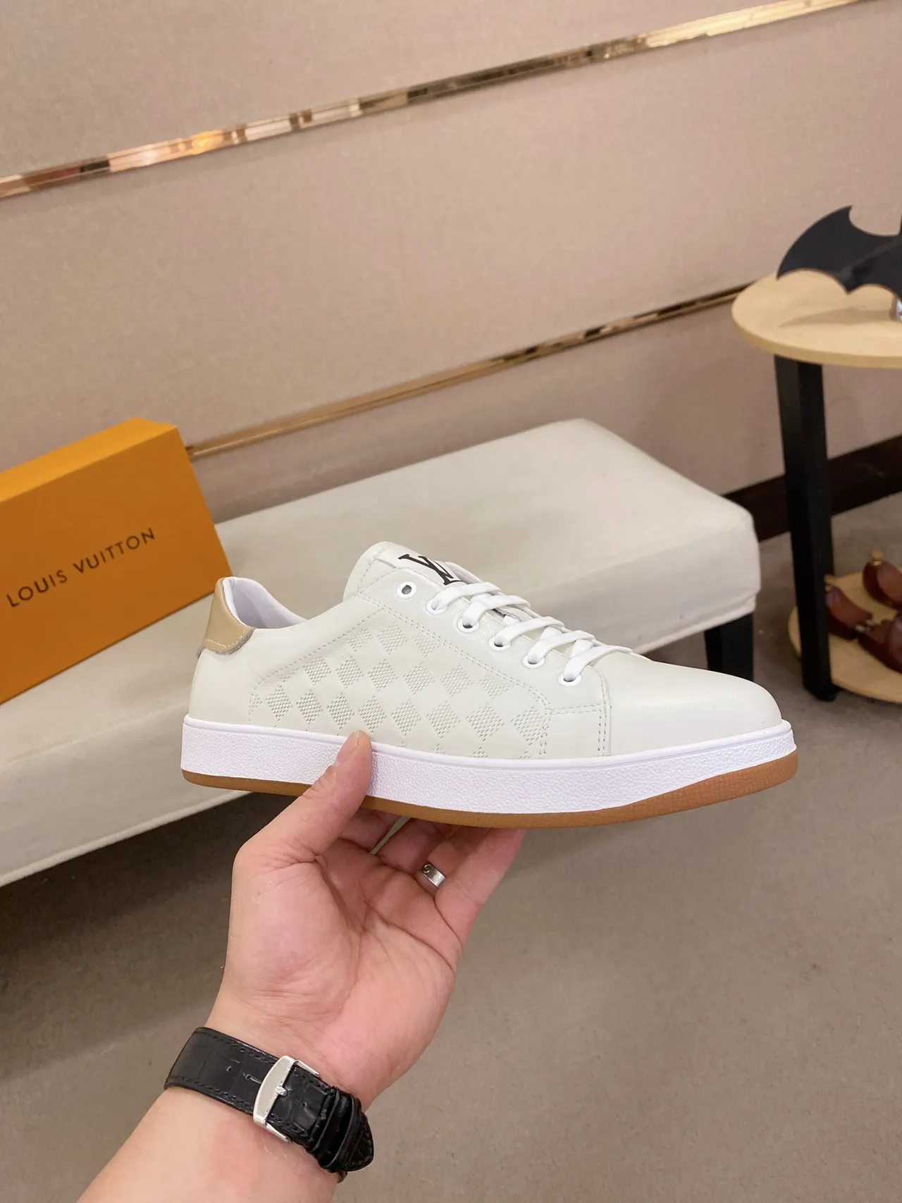 Louis Vuitton Beige White Perforated Diamond-Panel Leather Low-Top Lace-Up Lifestyle Sneakers 5