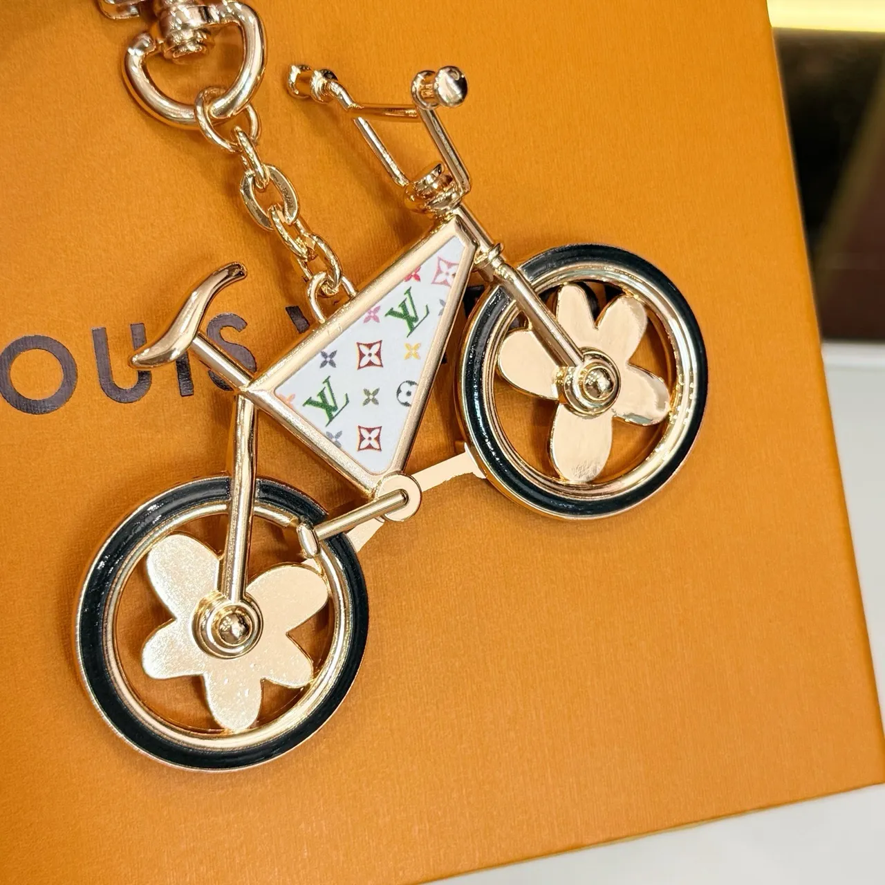 Louis Vuitton Bicycle Keychain Gold Multicolor Silhouette Enamel-Triangle Frame Bracelet 4