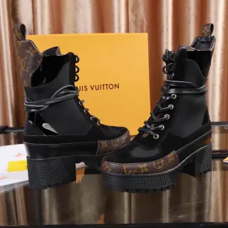 Louis Vuitton Black Brown Platform Sole Monogram Canvas Accents Ankle Boots