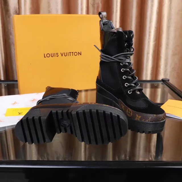 Louis Vuitton Black Brown Platform Sole Monogram Canvas Accents Ankle Boots 2