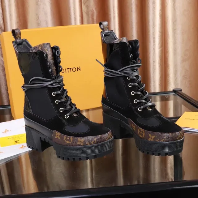Louis Vuitton Black Brown Platform Sole Monogram Canvas Accents Ankle Boots 4