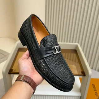 Louis Vuitton काले-भूरे रफिया जैसा बुना हुआ टेक्स्चर लेदर ट्रिम लोअफर