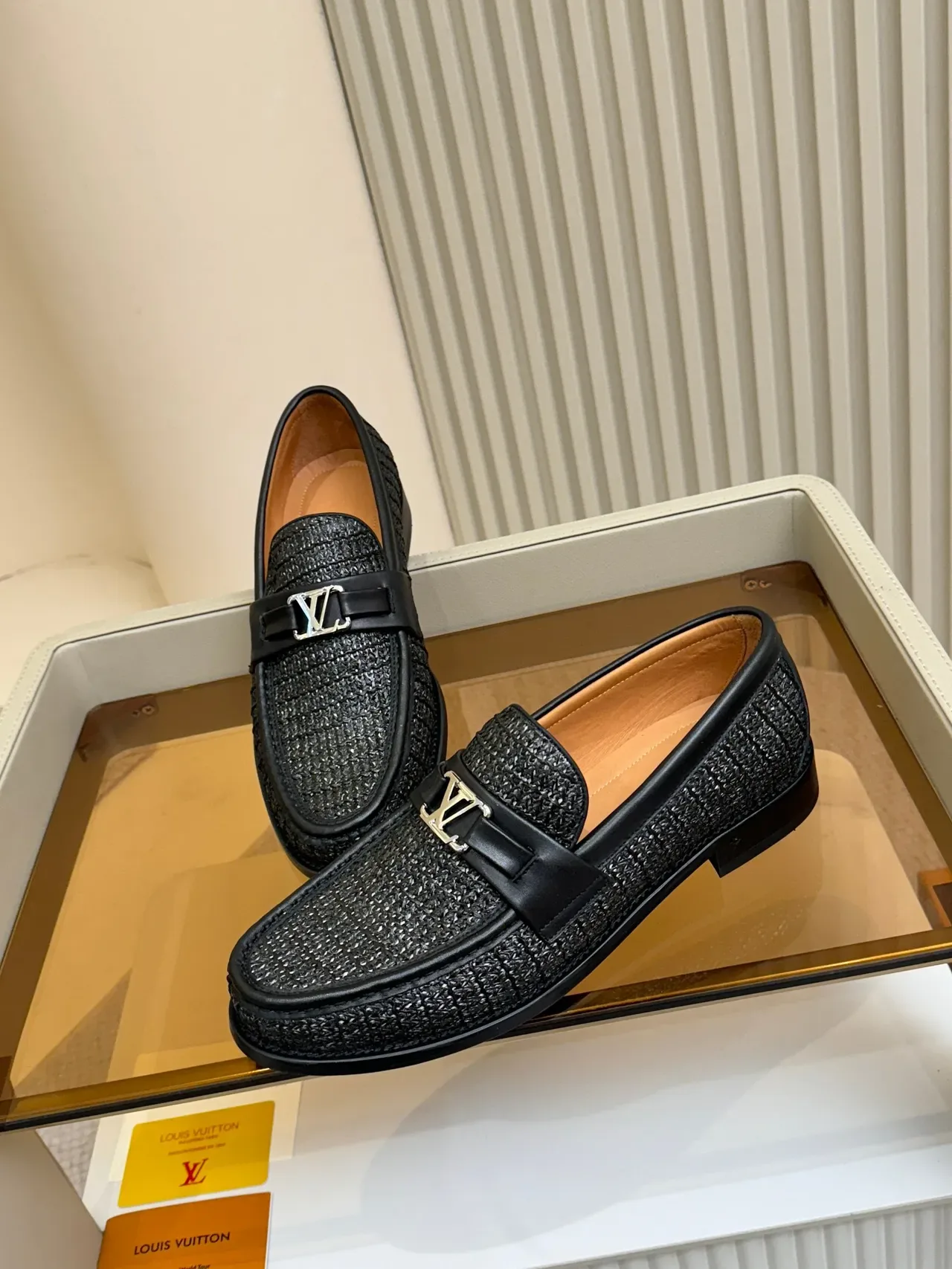 Louis Vuitton Black Brown Woven Raffia-Like Texture Leather Trim Loafer 4