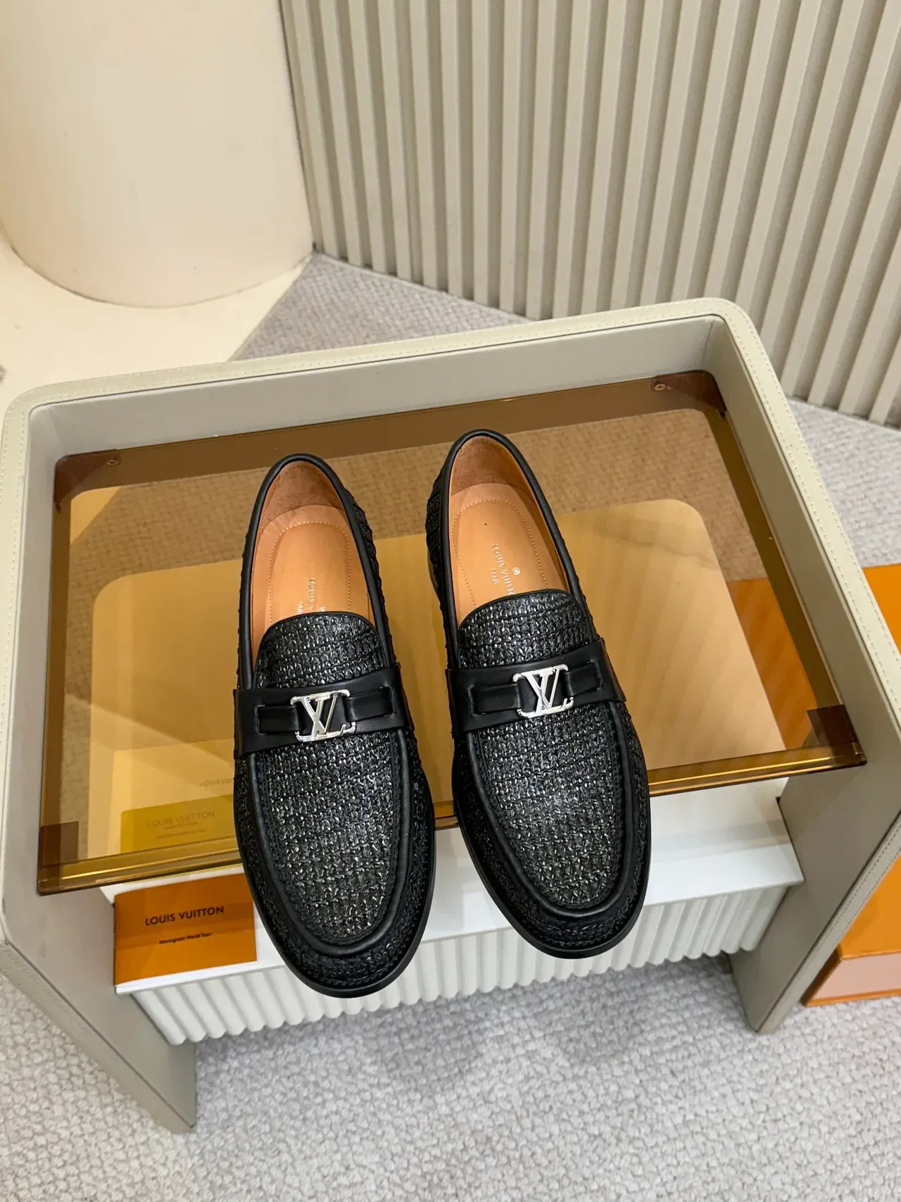 Louis Vuitton Black Brown Woven Raffia-Like Texture Leather Trim Loafer 5