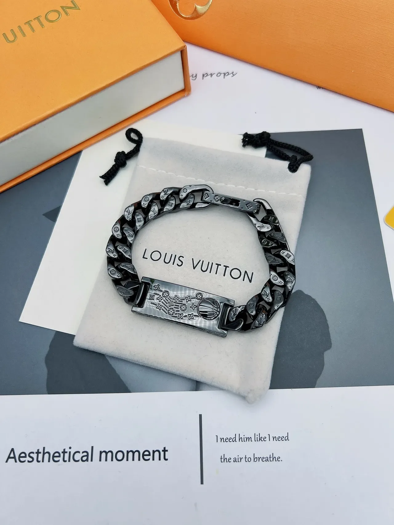 Louis Vuitton Black Engraved Monogram Curb-Link Bracelet 8